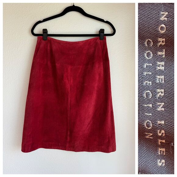Northern Isles Collection 100% Suede Knee Length A-line Skirt in Currant Red 8 - Picture 1 of 9